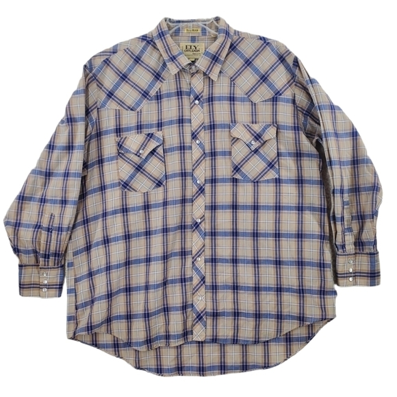 Vtg Ely Cattleman Plaid Shirt Mens 19-35 Big Tall Pearl Snap LS Beige Blue Y2K - Picture 1 of 13